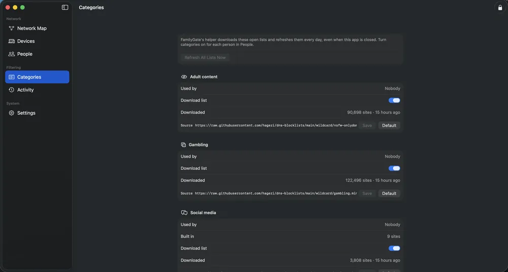 Categories screen showing the adult content, gambling and social media lists, their size, when they were last downloaded and their source address