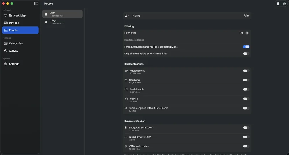 A person's settings: filter level, Force SafeSearch and YouTube Restricted Mode, allow-list mode, category switches with site counts and bypass protection switches